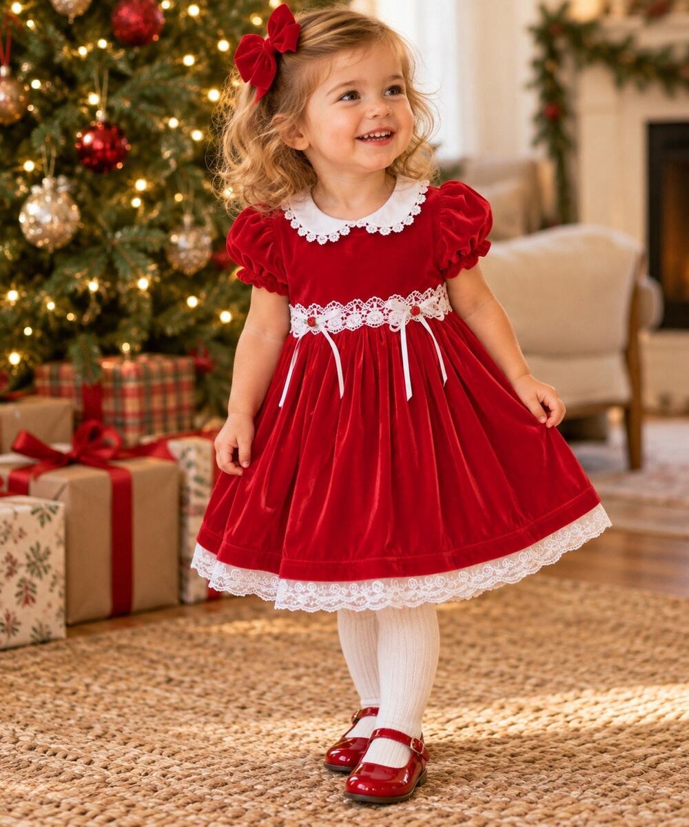 Vintage Youngland Red Velvet Holiday Dress White Lace Collar Girls Kidcore Sz 2T
